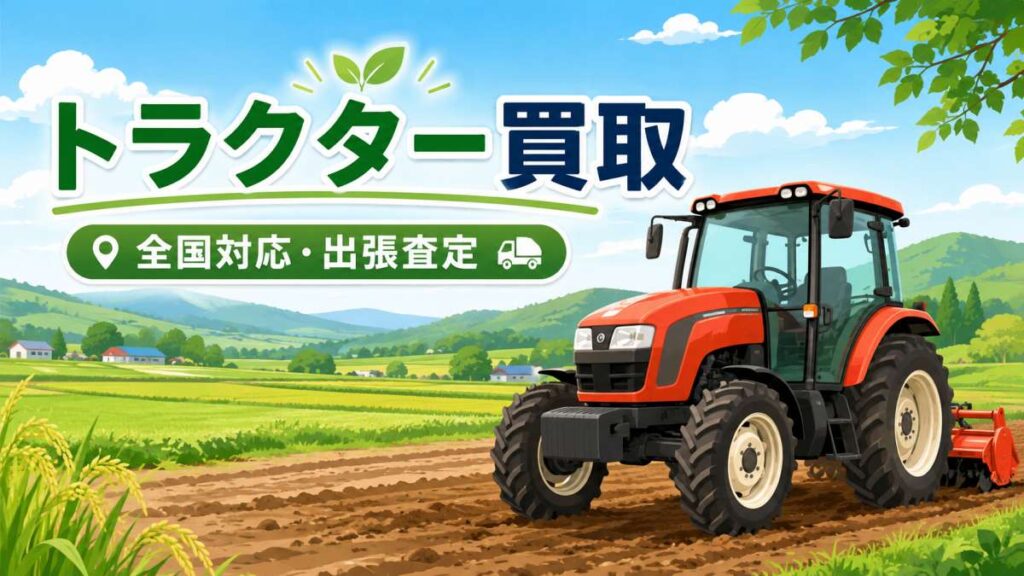 田園風景の中で畑を耕すトラクター。トラクター買取・全国対応の出張査定をイメージしたイラスト。