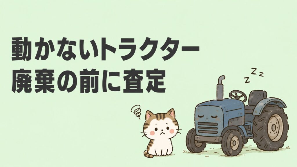 動かないトラクターと困り顔の納屋ネコのイラスト